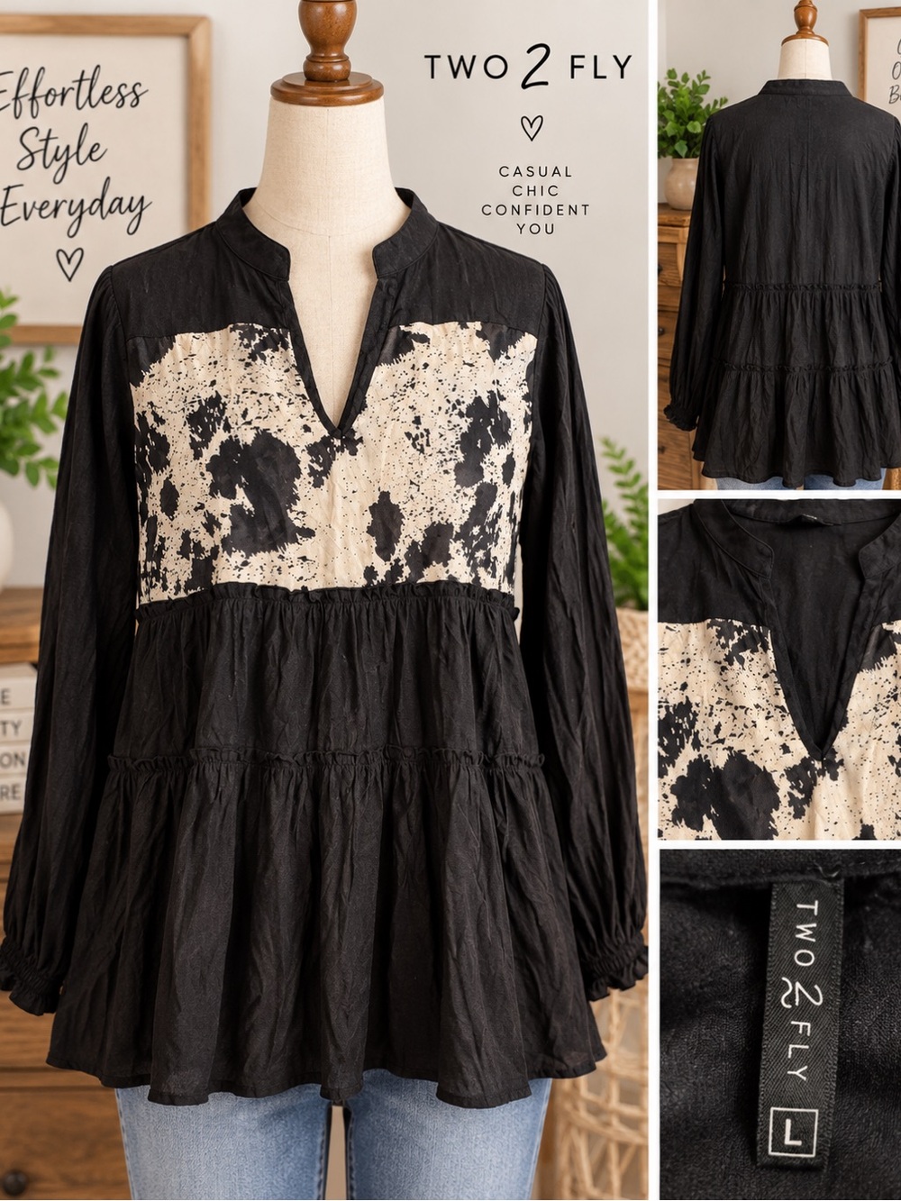 TWO 2 FLY Black Boho Tiered Tunic Top Size L